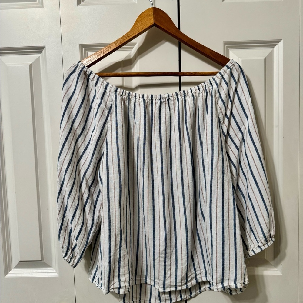 Evereve EUC❤️Sanctuary White/Navy/Tan Stripe. Off/on shoulder Puff Sleeve - Picture 6 of 9